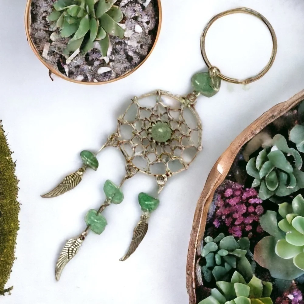 Dream Catcher Keyring Boho Native American Feathers Sea Glass Greens Silver Gift